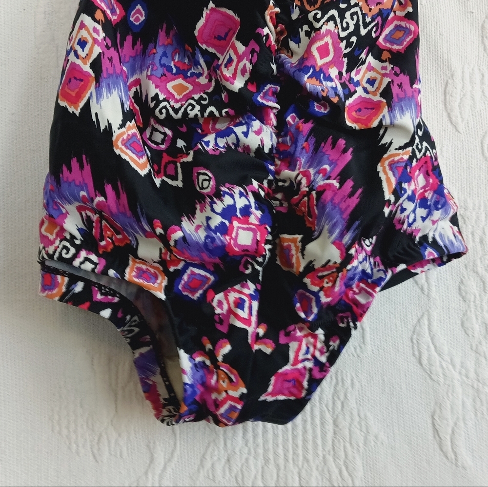 Purple Tribal Print Swimsuit Tummy Control Ruched Padded Cup Modest Medium - Picture 5 of 14